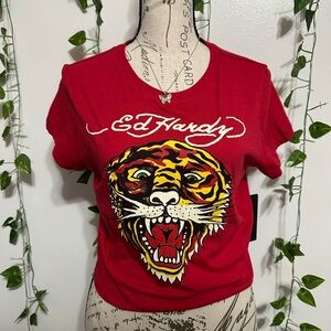 Ed Hardy Red Short Sleeve Tee with Yellow & Black Tiger Graphic